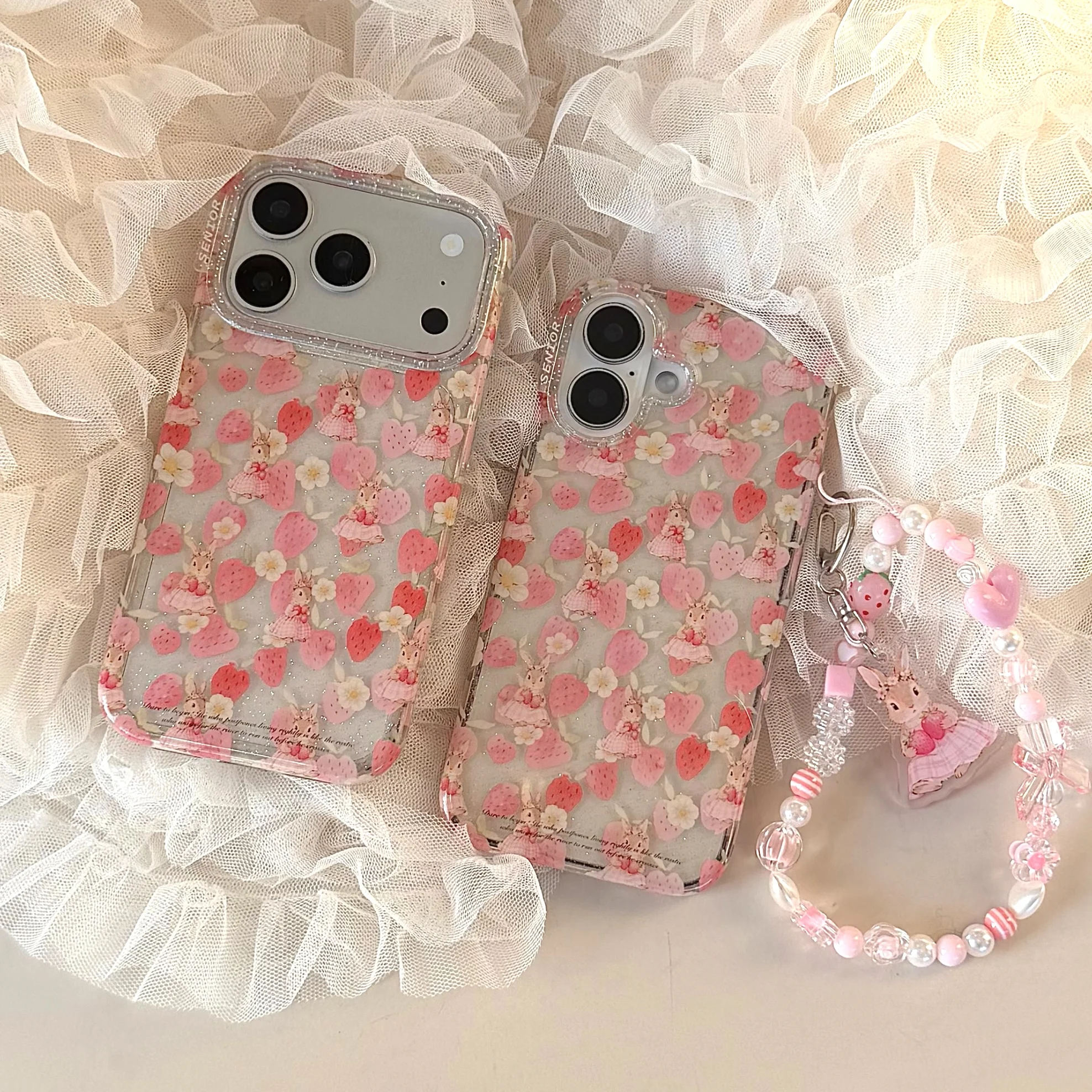 Charming Beaded Lanyard with Strawberry & Bunny Design - Sweet Clear Phone Case Back Cover