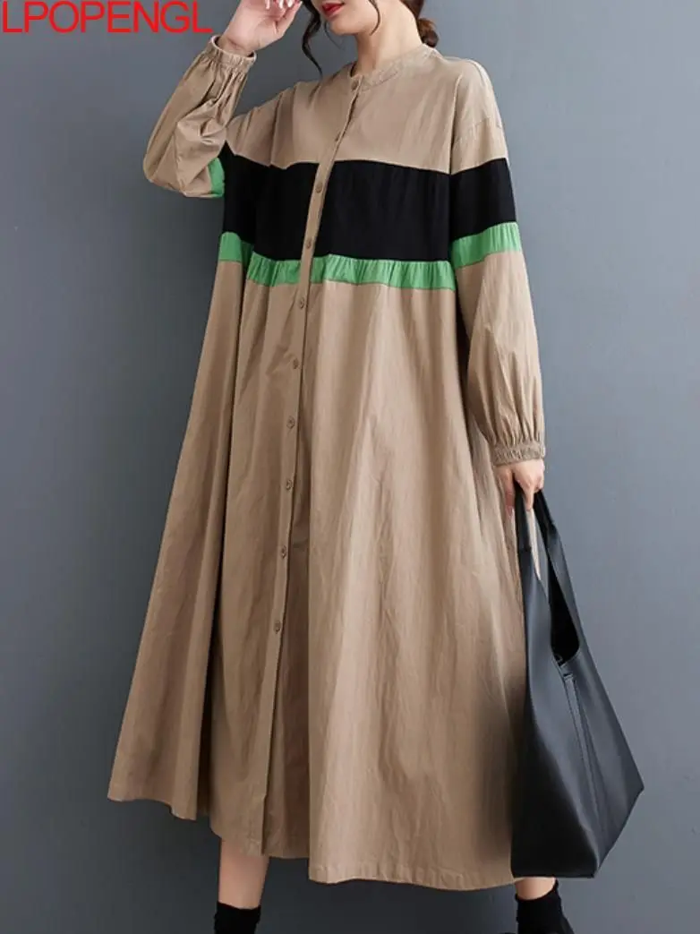 

New Women Autumn Patchwork Long Sleeve Single Breasted Mid Length Art Vintage O-neck Loose Waist Streetwear A-line Dress