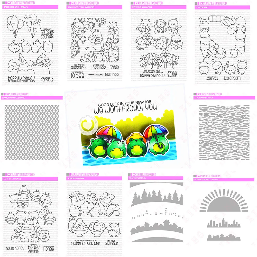 

New Diy Balloon Corners Bee Sundae Metal Cutting Dies Silicone Stamps Skyline Silhouette Diamond Lattice Town Waters Stencil Set