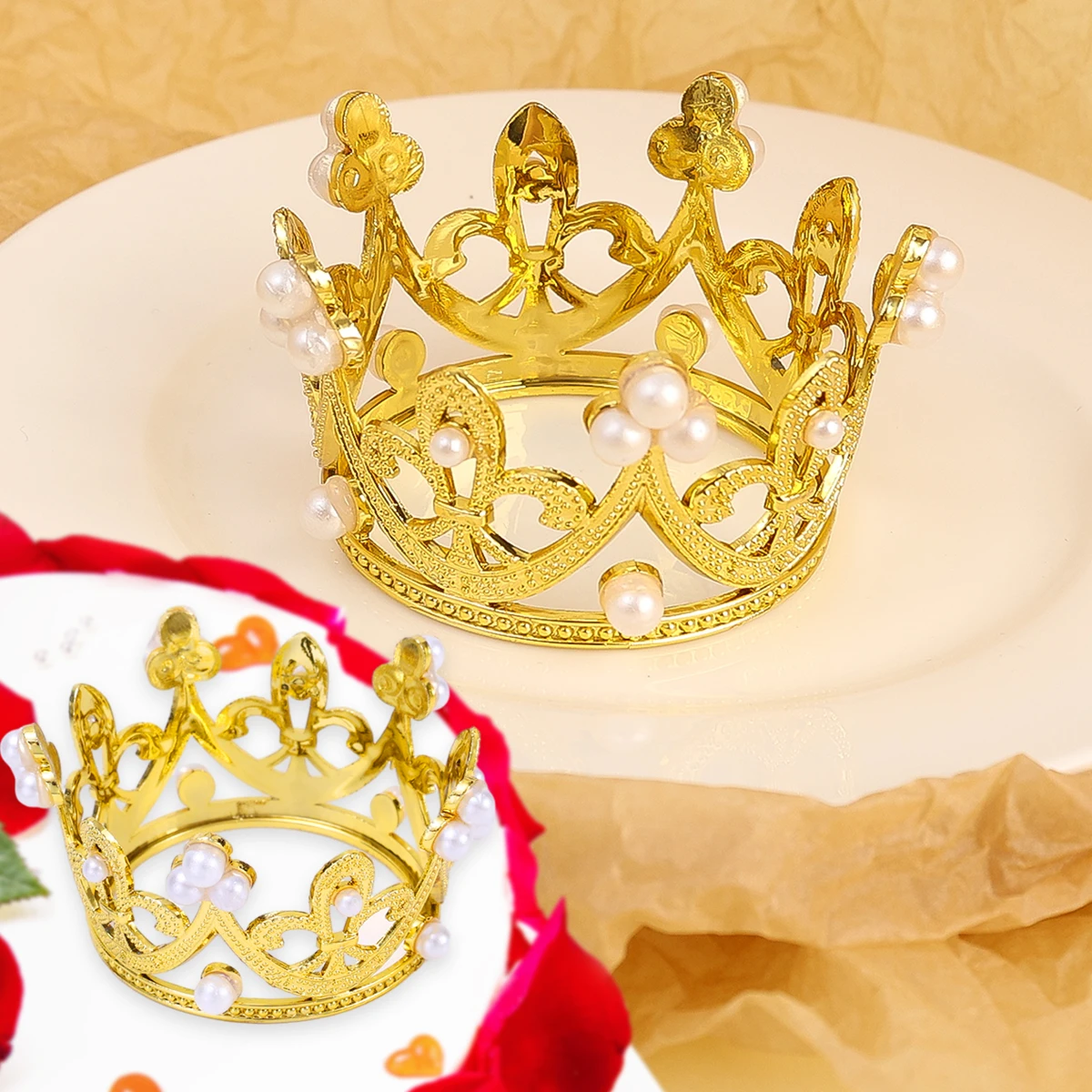 Gouden Mini Kroon Cake Decoratie Cupcake Topper Prinses Parel Tiara Kids Haarversieringen Bruiloft Verjaardagsfeestje Taart Decoratie