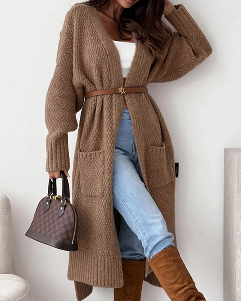 

Open Front Pocket Design Longline Cardigan Women Loose Open Cardigan Knitwear Autumn Winter Solid Color Coat