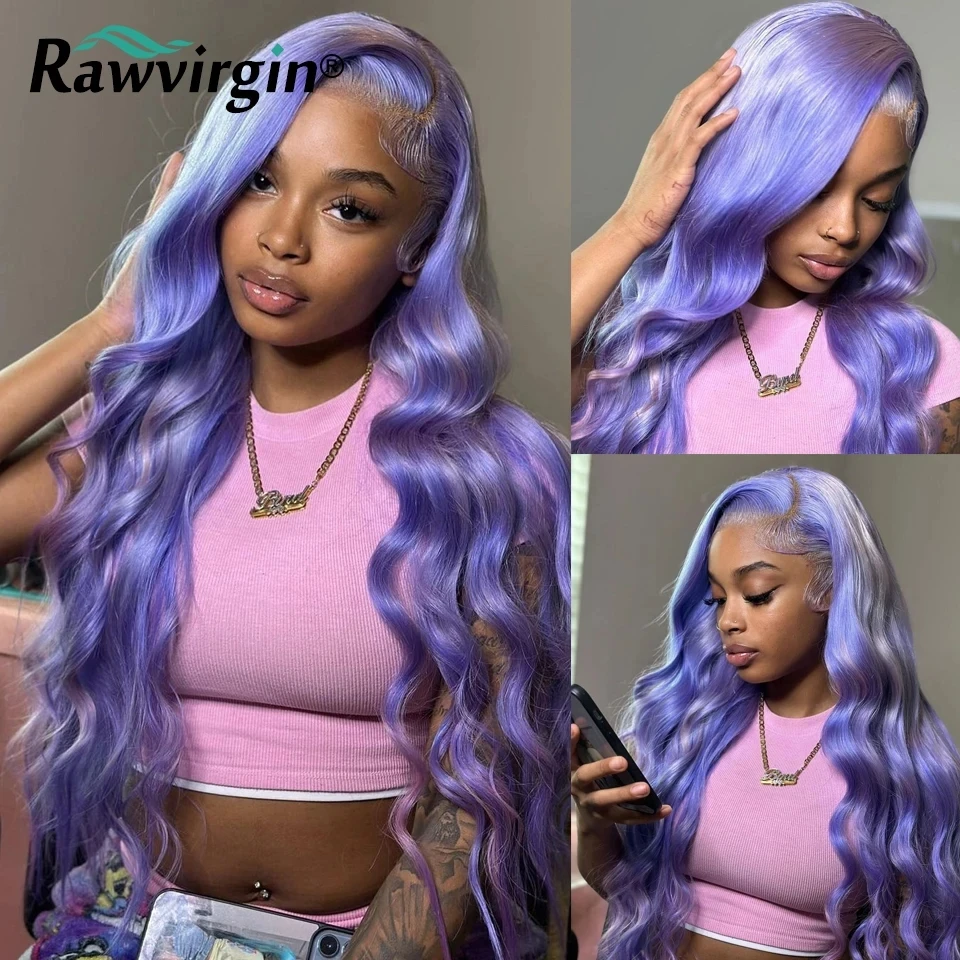 Perruque Lace Front Wig Body Wave Naturelle, Cheveux Humains, Couleur Violet Clair, 13 Age, 32/34 Pouces, 200%, pour Femme