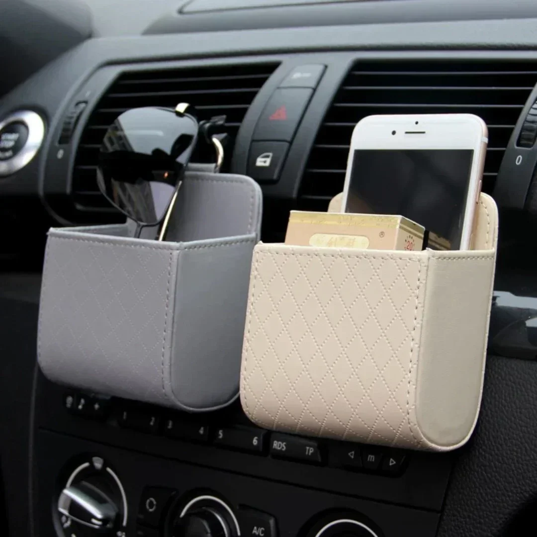 Car Storage Bag PU Leather Auto Organizer Box Soft Car Air Vent Shelf Box with Hook for Car Accessories for Auto Storage Tidying