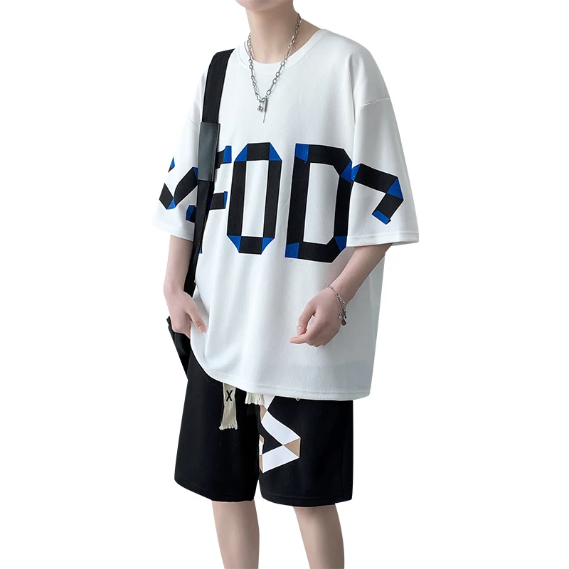 Summer Men's Crew Neck Pullover Letter Printed Short Sleeve Elastic High Waisted Bandage Pockets Casual Sports Office Lady Set