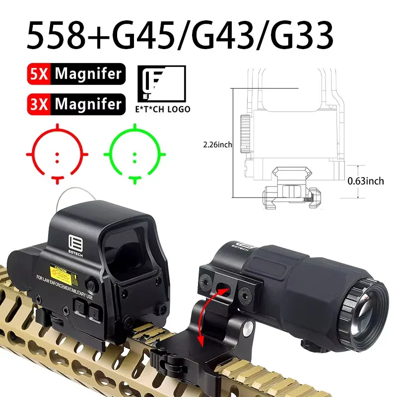 Red dot sight holographic collimator Eotech Holographic Collimator 558 Red Dot Sight Riser Mount G43/G33/G45 3X5X Magnifier Airsoft Gear 20mm Rail Mounts QD Lever