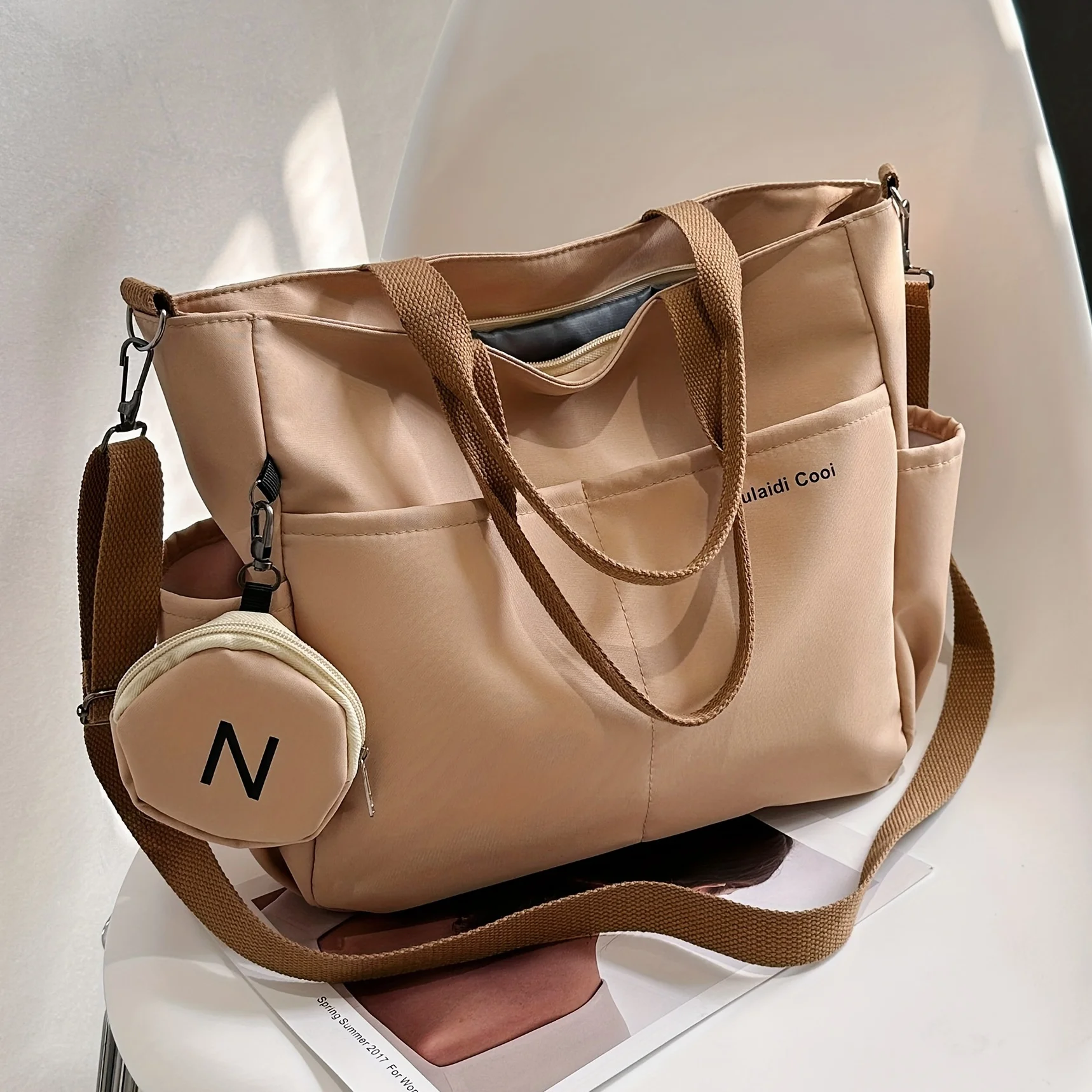 New Women's Bag, Casual Retro Tote Bag with Nylon Shoulder Strap, Large Capacity Multi-Layer Crossbody Bag and Round Coin Purse