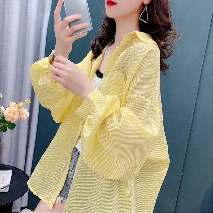 

Summer Sunscreen Shirt Elegant Striped Thin Chiffon Blouse Korean Blouse See Through Loose Top Casual Women's Cardigan R40