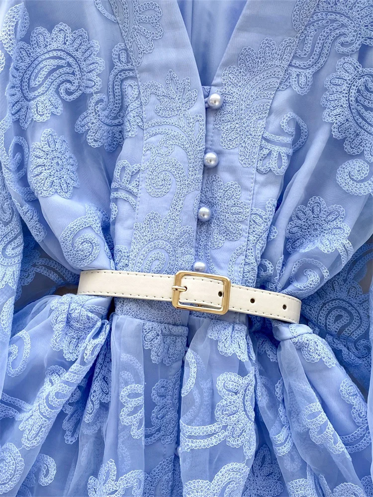 Wmstart dresses for women Sweet V neck lantern sleeves embroidered slimming single breasted A line elegant dress 2025