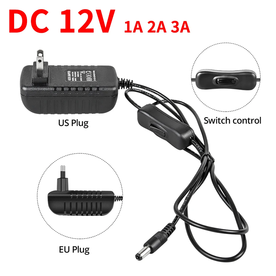 스위치 포함 전원 공급 장치, EU/US 플러그 전원 어댑터 충전기, AC100-240V ~ DC12V LED 스트립 조명 변압기 드라이버, 12V 1A 2A 3A 