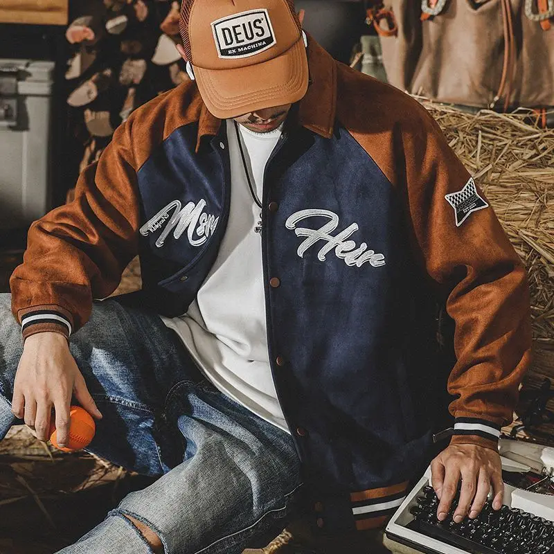 American Vintage Suede Thickened Lapel Baseball Coat Men's Autumn Winter Solid Embroidery Button Pockets Trendy Versatile Jacket