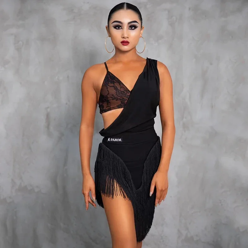 

Sexy Latin Dance Dress Women V Neck Irregular Tops Fringe Skirt Cha Cha Rumba Dance Performance Clothes Practice Wear DNV18692