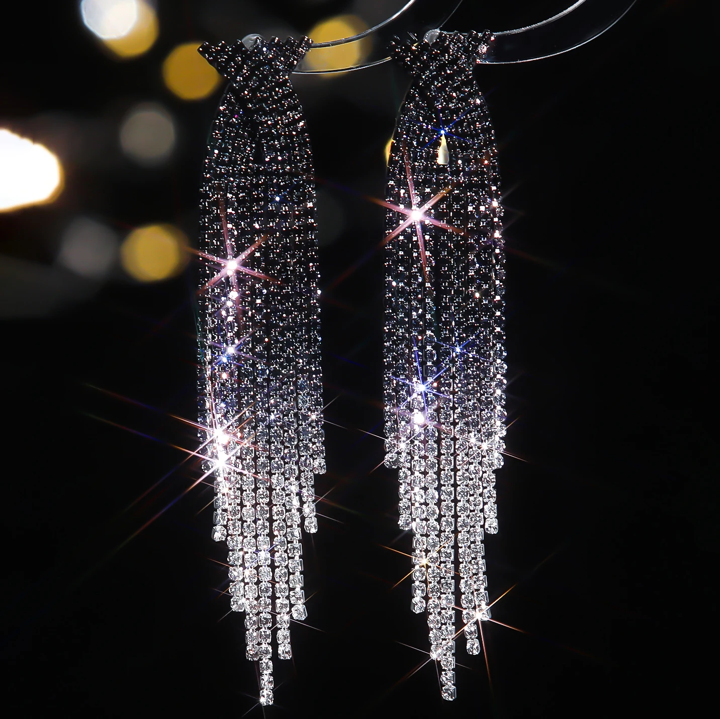 Women's Silver Crystal Rhinestone Long Tassel Drop Earrings - Bridal & Party Dangle