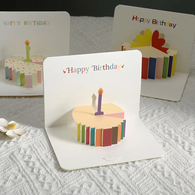 Pop up style 3D Happy Birthday greeting card creative high-end sense simple folding cake colorful cake blessing card gift greeting cards