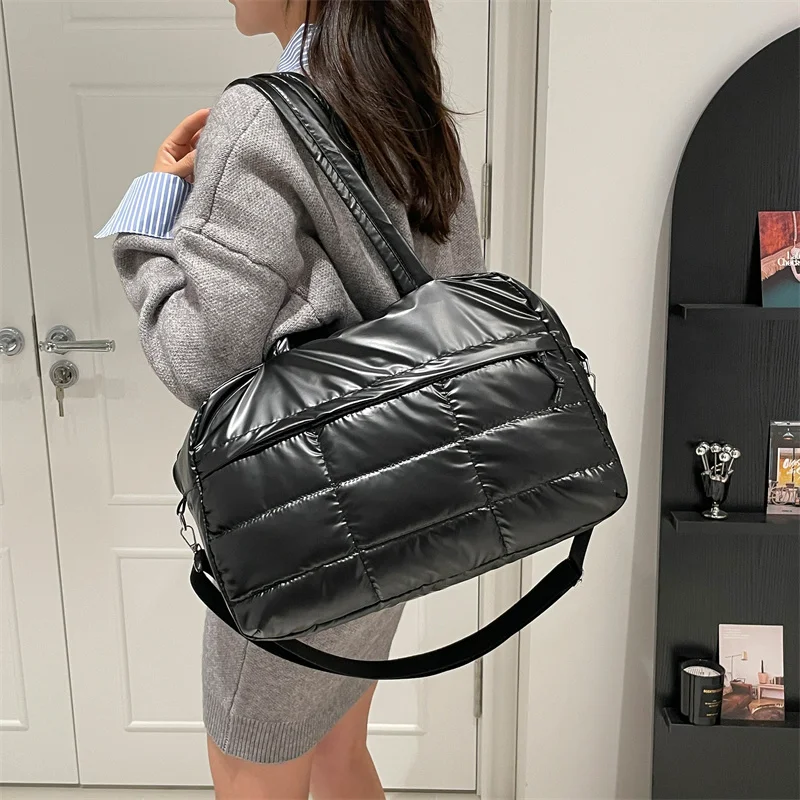 Korean Style Bright Tote Bag Shoulder Bag Plaid Cloud Crossbody Bag Silver Large Capacity Nylon Handbag