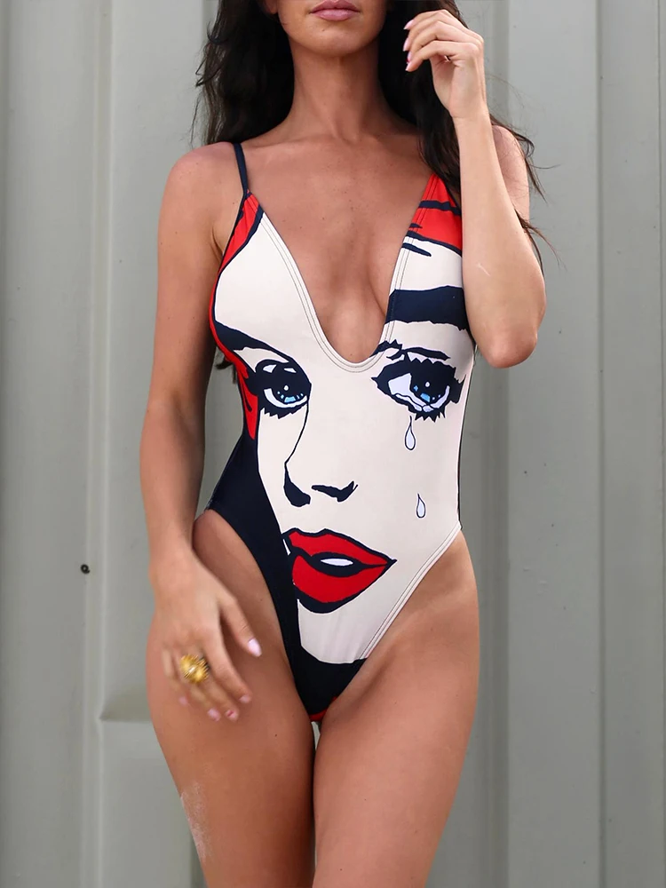 Nibber Slim Doodle Print Bodysuit Women Beach Vacation Deep v-Neck Sleeveless Tight Stretch Wild Hipster Midnight Club Body Tops