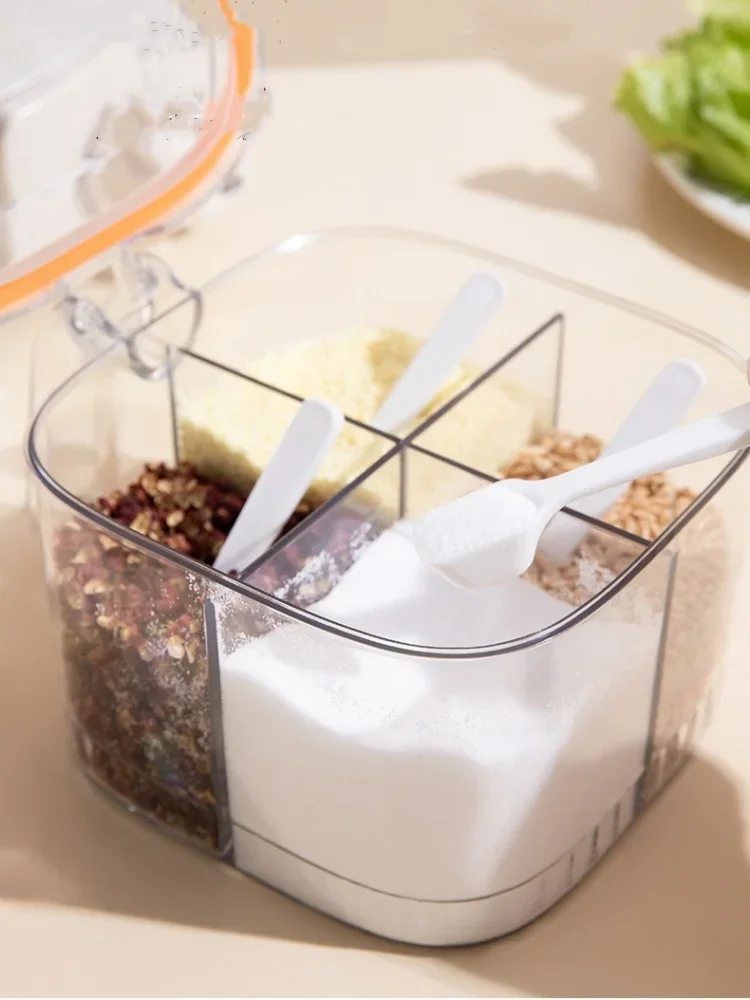 Description Picture 5 of item4 Grids Salt Pepper Seasoning Box Transparent Lid Spice Jar Chili Powder Sugar Bowl Condiments Storage Container Kitchen Gadgets