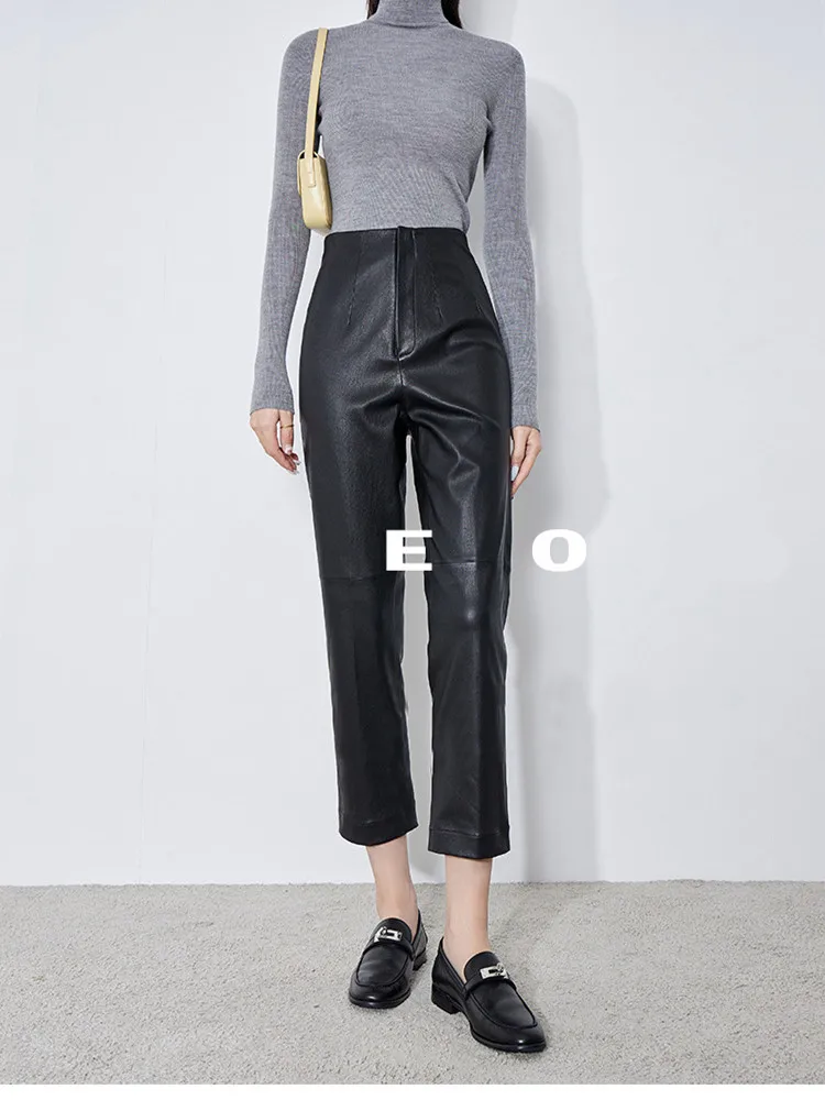 

2023 Spring New Style Women High Waist Slim Genuine Sheepskin Leather Pencil Pants Ninth Pants
