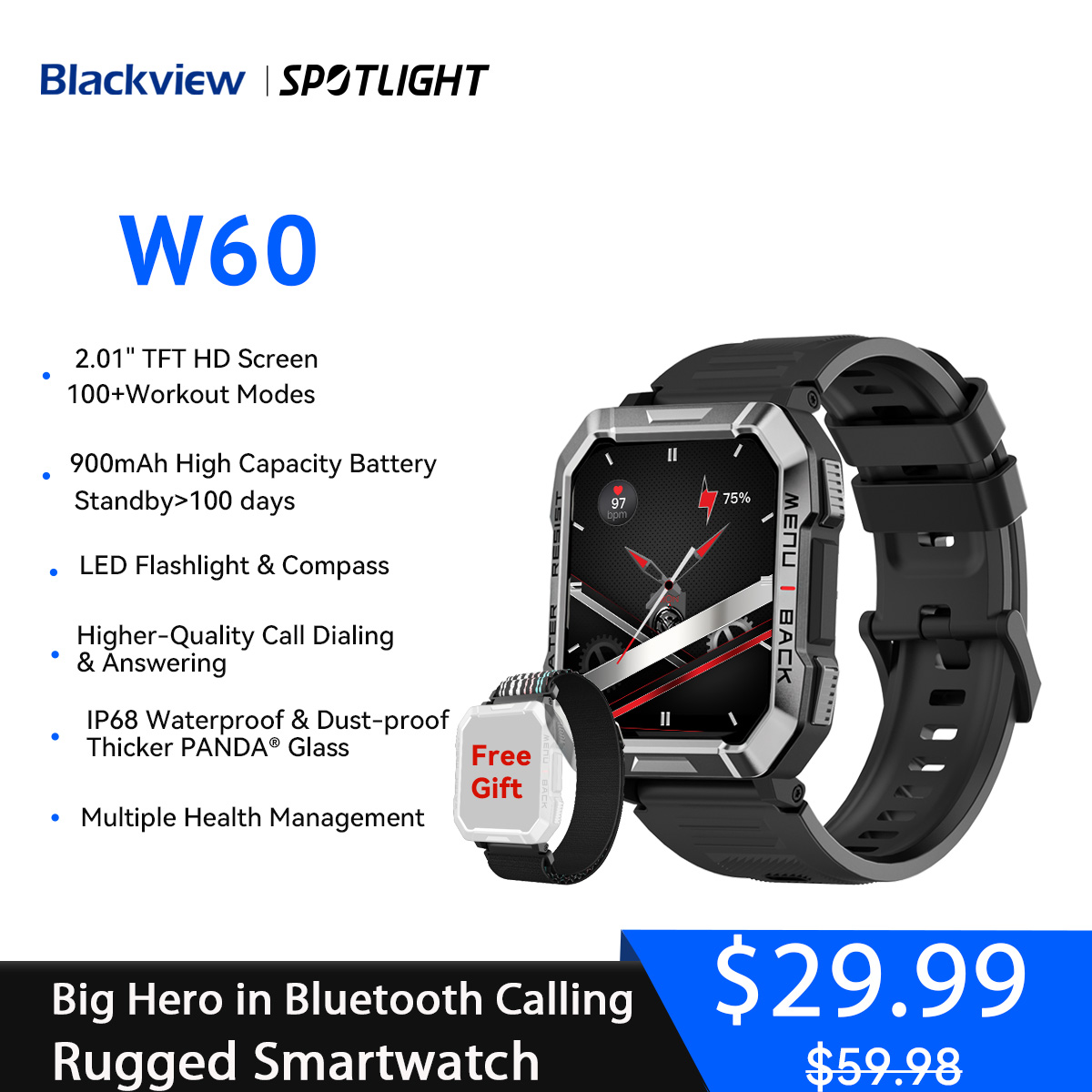 Blackview W60 2024 New Smartwatch 2.01'' HD Display TFT Rugged Smart Watch for Outdoor With Emergency Lighting Bluetooth Calling