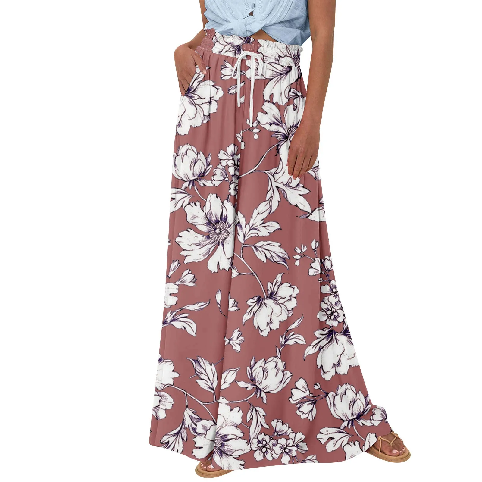 

Women'S High Waisted Wide Leg Pants Summer Casual Flowing Pocket Wide Leg Pants Floral Print Beach Pants Elegant Pants Woman