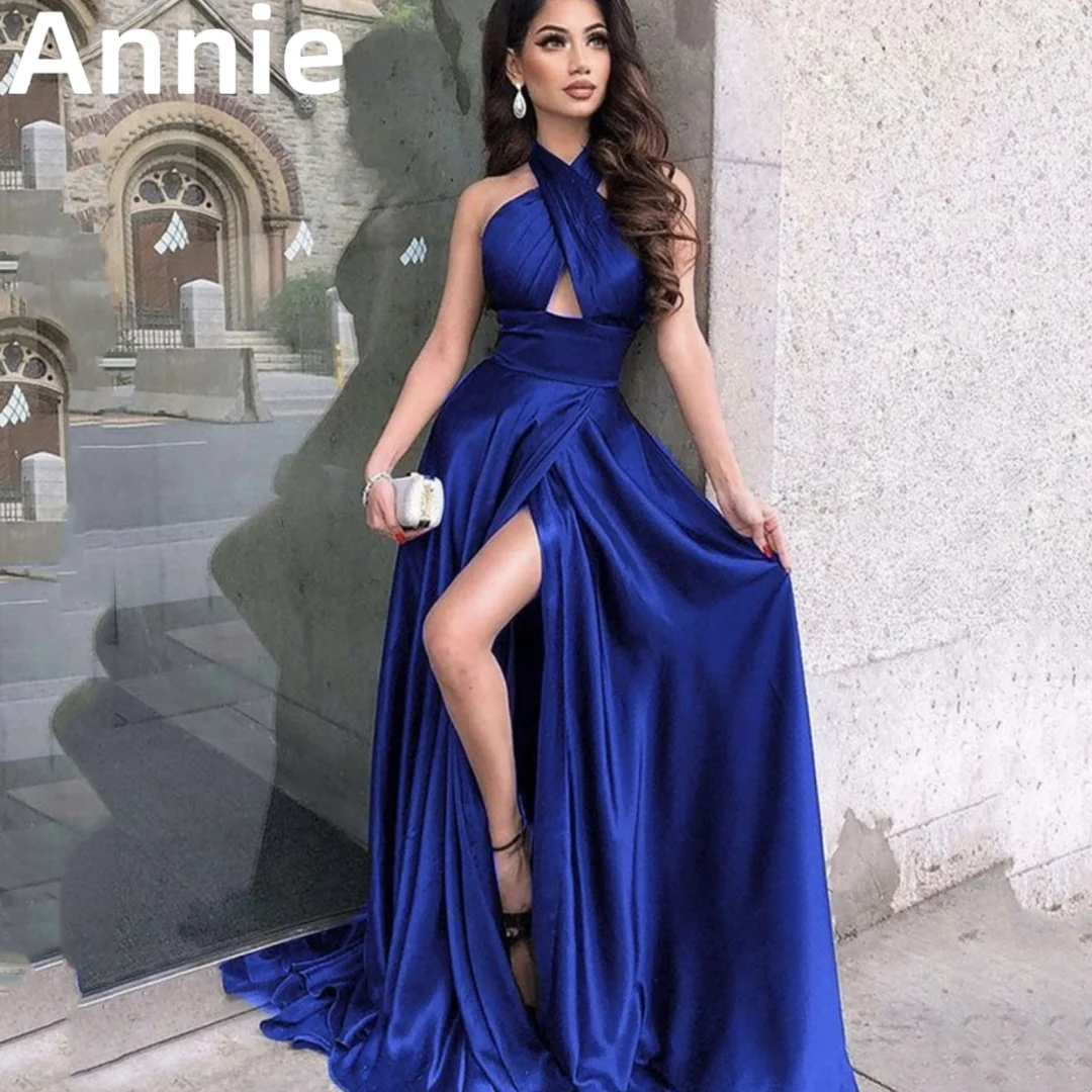 

Annie Halter Neck Silk Royal Blue Prom Dress Vestidos De Noche A-shaped Side Slit Corset Floor Length Party Evening Dress