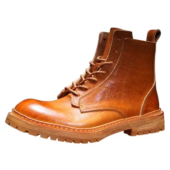 Handmade Cowhide Retro Genuine Leather Thick-soled Lace-up Ankle Motorcycle Boots Men Work Shoes Outdoor Hiking Anti-slip Boots