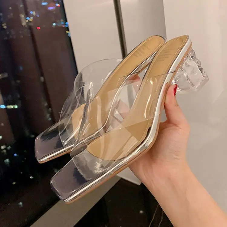 

Ins Fashion 2022 Transparent PVC Women Slippers 5cm Clear Crystal High Heels Summer Slides Silver Rubber Bottom Sandalias Femmes