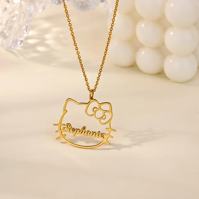 Sanrio – collier personnalisé Hello Kitty pour femmes, plaque nominative personnalisée, pendentif chat de dessin animé, bijoux en acier inoxydable