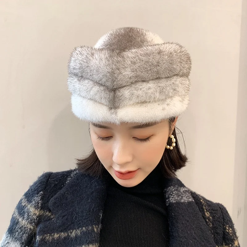 Winter Premium Thickened Fur Hat Ladies Luxury LMink Fur Thermal Top Hat Pleated Design High Quality Windproof Fur Hat