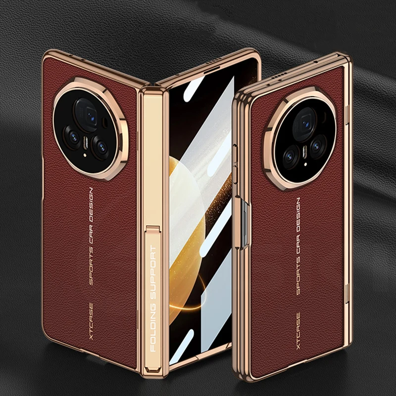 Luxury Plating Leather Screen Glass Case For Honor Magic V3 Magnetic Hinge Brack