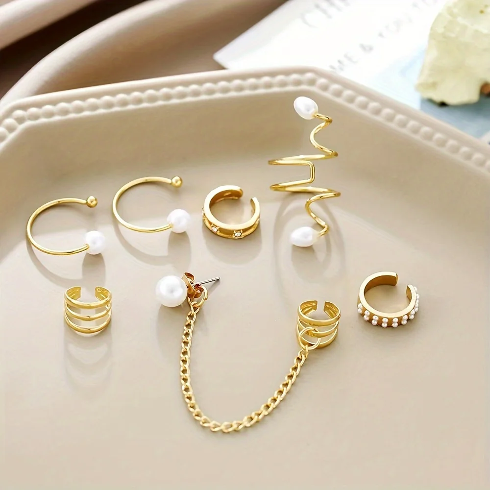 8PCS Creative Punk Style Earrings Set For Women, Faux Pearl Chain Ear Clips Bajoran Earrings And Ear Cuff Set