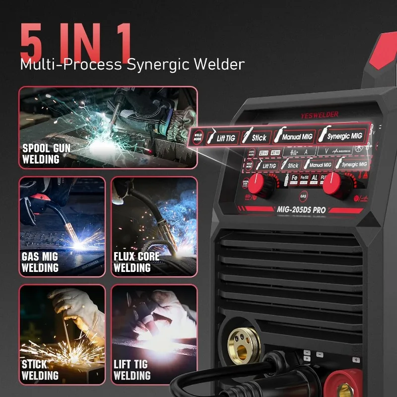 YESWELDER MIG-205DS MIG Welder, 200Amp 110/220V Dual Voltage MIG Welding Machine, 5 in 1 Gas MIG/Flux Core MIG/Spool 3