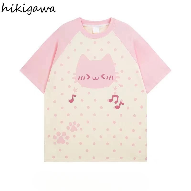 2025 Ropa Mujer Y2k Tops Summer Sweet Tshirts Women Clothes Polka Dot Cat Print Tees Oversized T-shirt Casual Fashion Camisetas 1