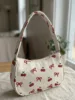 Cherry & Bow Print Beige Corduroy Shoulder Bag