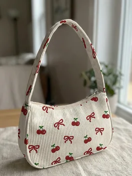 Cherry & Bow Print Beige Corduroy Shoulder Bag
