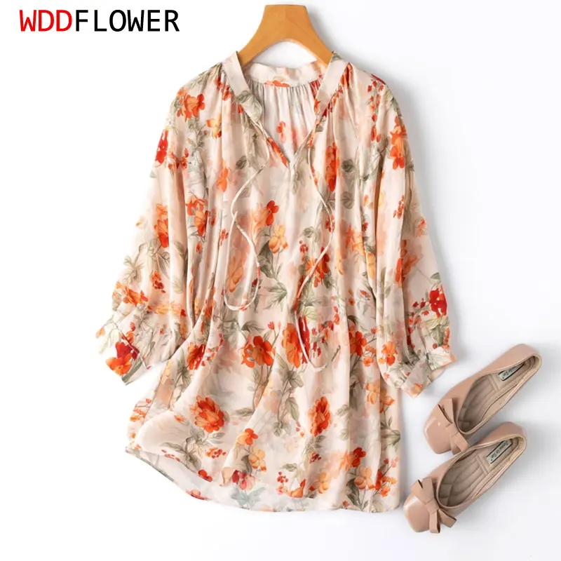 

Women Silk Blouse 100% Mulberry Crepe Silk Loose Type Cute Floral Printed 3/4 Sleeve V Neck Pullover Top Shirt M L MM917