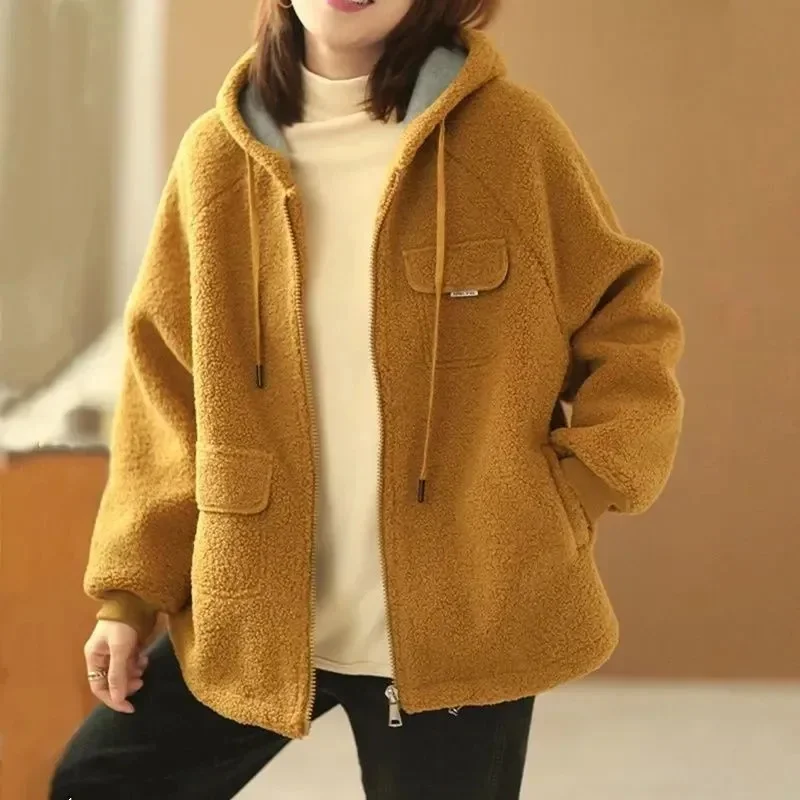 

2023 Spring and Autumn New Thickened Hooded Casual Loose Sweater Lamb Wool Coat Leather and Wool Integrated Granular Plush Top
