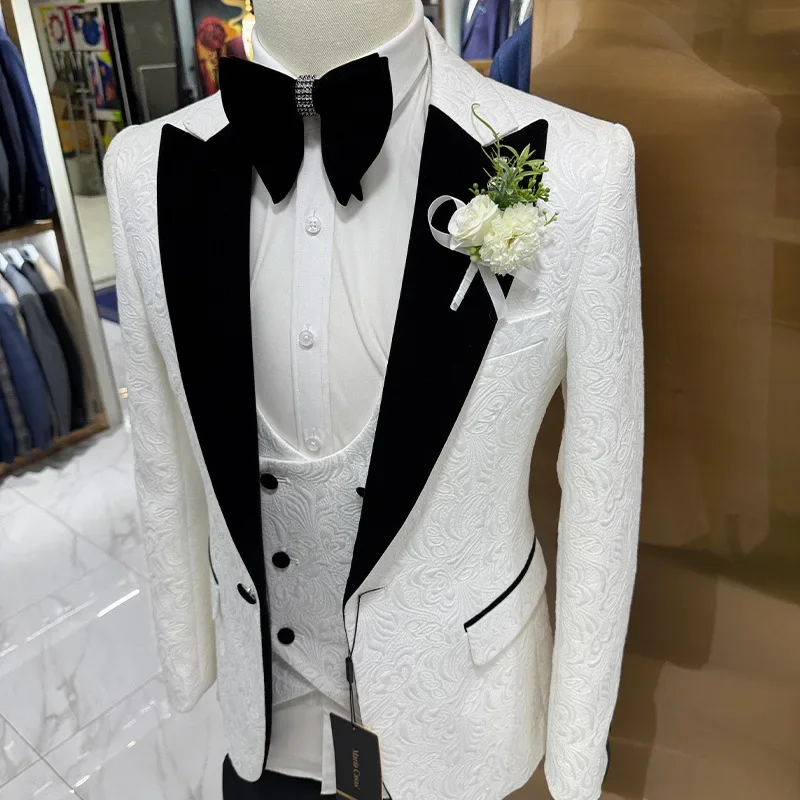 Thorndike Mens Wedding Suits White Jacquard Black Satin Collar Tuxedo 3 Pcs Groom Terno Suits for Men Jacket+Vest+Pants