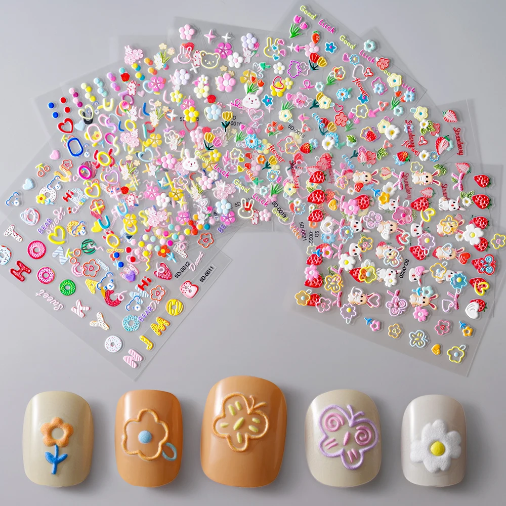 

1 Sheet 5D Embossed Nail Sticker Flower Rabbit Geometric Lines Floral Nail Decals Cute Jelly Korean Tulips Daisy Cherry Slider