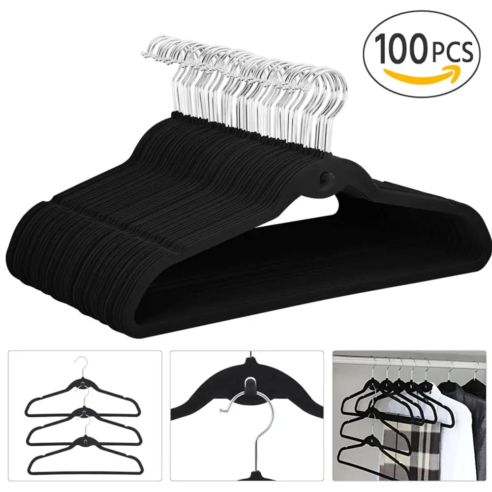 

Non Slip Velvet Clothing Hangers, 100 Pack, Black