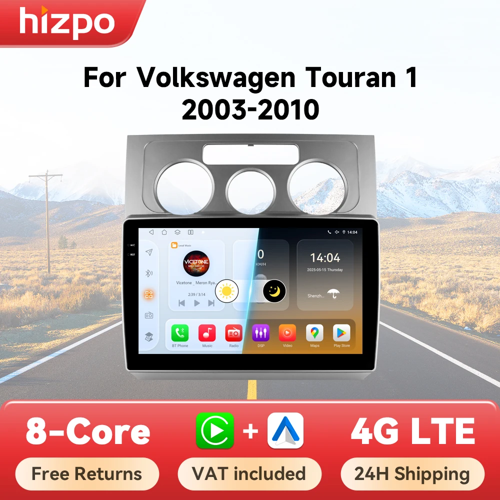 Hizpo Autoradio Intelligente intelligente Systeme für Volkswagen Touran 1 2003–2010 CarPlay Android 14 Auto Nr. 2 DIN 2DIN DVD 8 Core