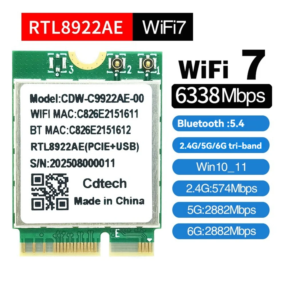 스타일리쉬-윈도우10/윈도우11용 RTL8922AE Wifi7 카드 2.4G/5G/6G 트라이밴드 6338Mbps 무선 와이파이 카드 어댑터 블루투스 5.4