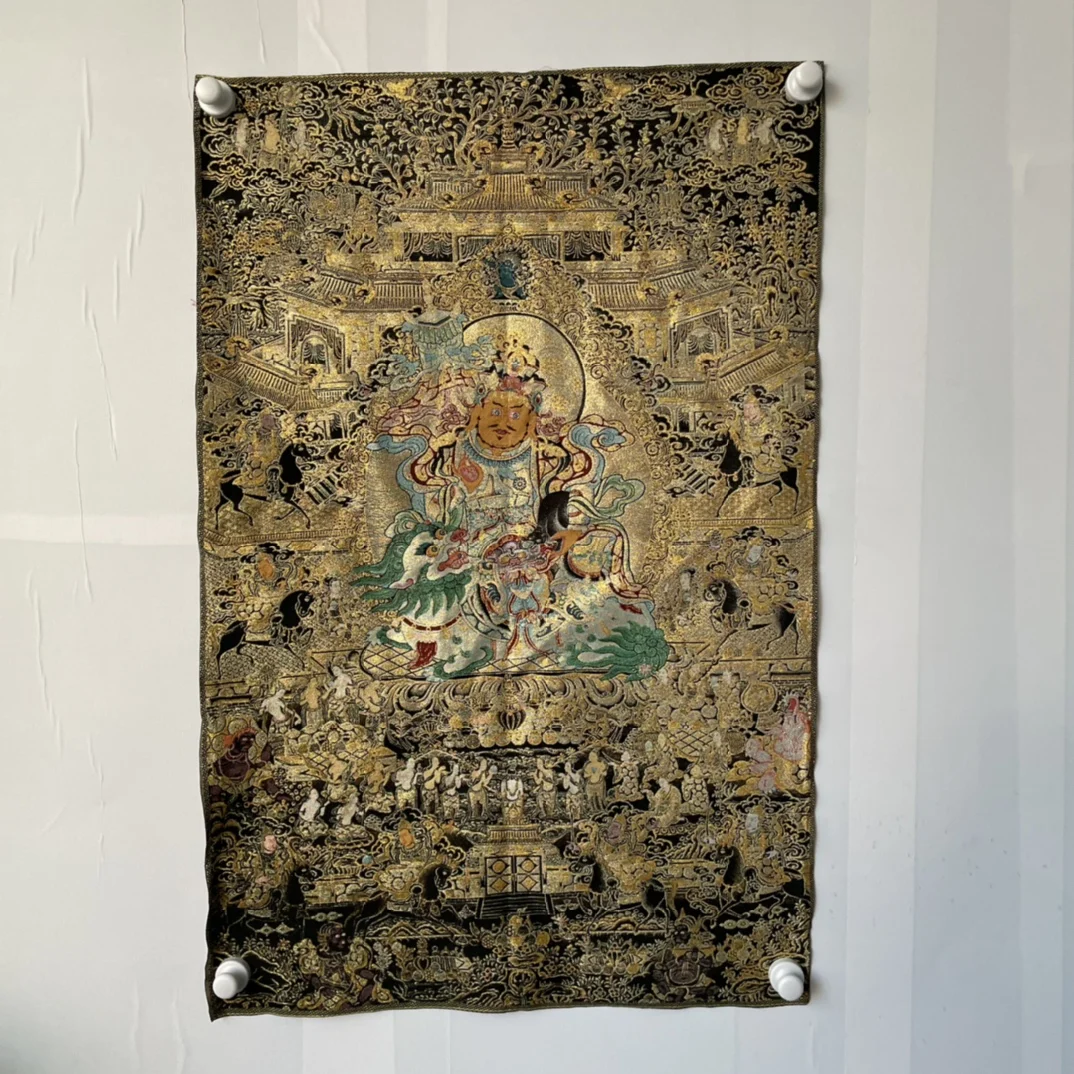 

35"Thangka Embroidery Tibetan Buddhism silk Embroidery Treasure King Vaisravana Thangka hanging screen Worship Hall Town house