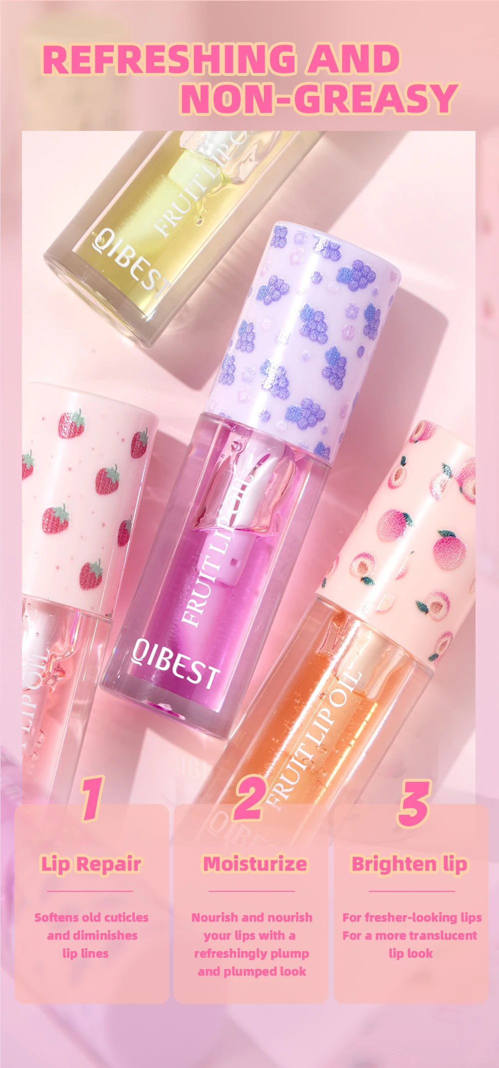Description Picture 6 of itemQIBEST Lip Oil Gloss Plumping Lasting Moisturizing Makeup Fruit Transparent Lip Balm Oil Water Glossy Women Lips Care Cosmetics