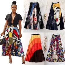 2021 New Summer Pleated Skirts Womens Fashion European Cartoon Print Mid-Calf High Waisted Quality Skirt Jupe Femme