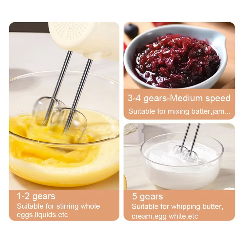 5-Speed Electric Handheld Mixer Whisk Eggs Beater Food Processor Dough Hooks Blender Butter Stirrer Cream Cake Baking Agitator 6