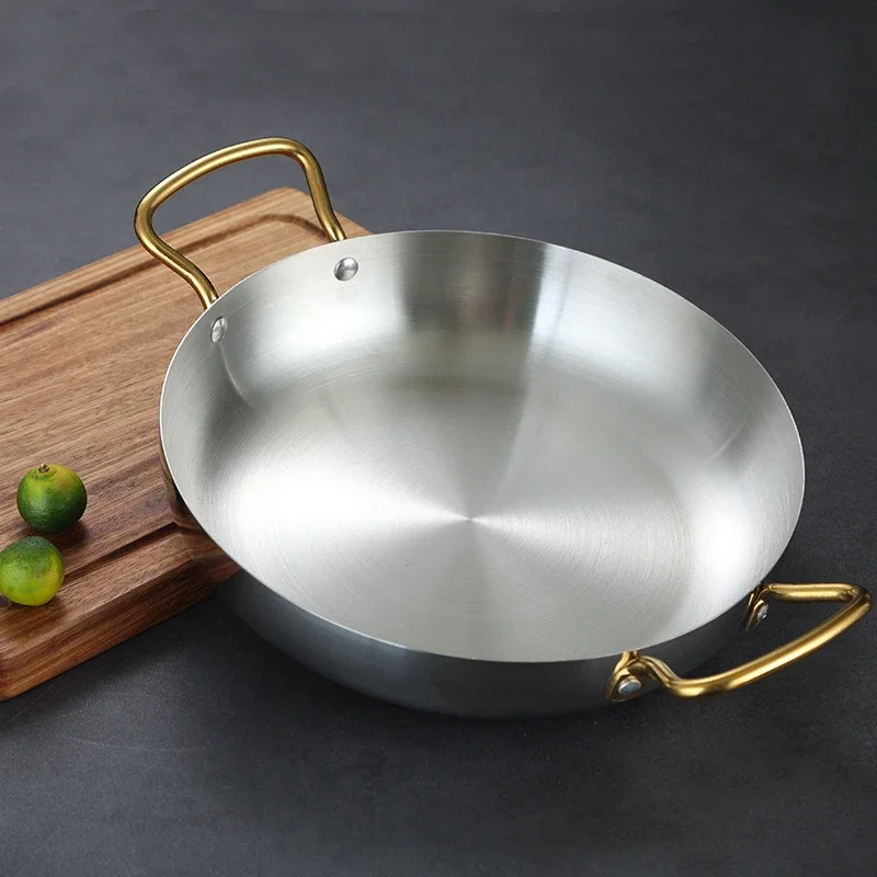 Stainless steel dry pot utensils Spanish Seafood Rice Pot Double ear golden frying pan Pasta dish Round steak plate panelas olla