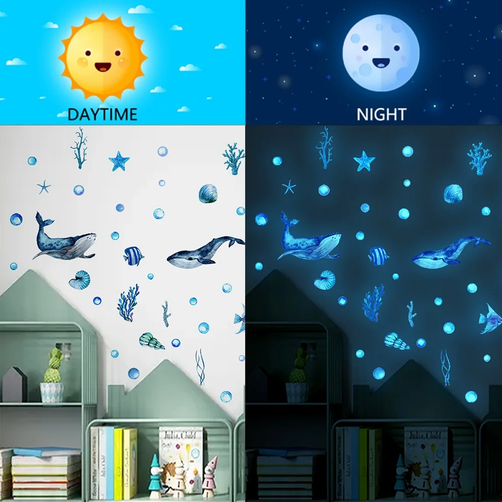 Blue Fish Luminous Wall Stickers Glow In The Dark Underwater World Wall Decals For Baby Kids Rooms Nursery Bedroom Home Decor