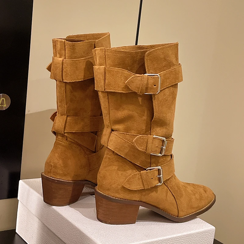 Aphixta 5cm Wooden Heel Mid-Calf Boots Women Big Size 42 Brown Westen Boot Pointed Toe Women's High Boots Botas Cowboy Mujer