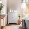 Bathroom Floor Storage Cabinet with Double Door + Adjustable Shelf, Wooden Organizer Cabinet for Living Room, Bathroom, Bed 1