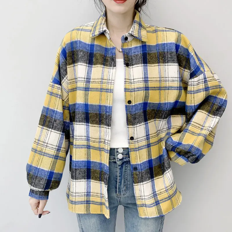 

Spring Autumn Shirts Women Full Long Sleeve Button Casual Turn Down Collar Plaid Sanding Shirt Winter Blouse Cardigan Loose Tops